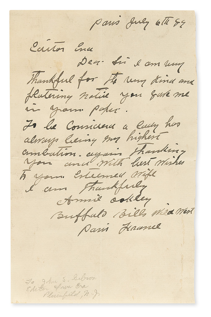 OAKLEY ANNIE Autograph Letter Signed Annie Oakley Buffalo B