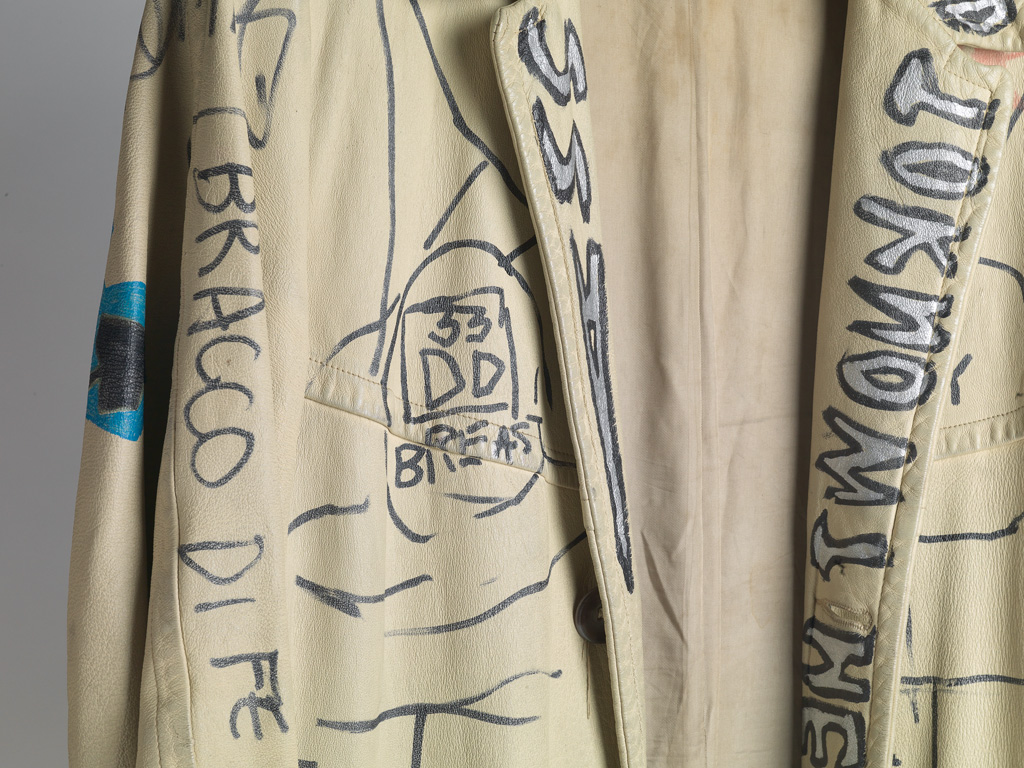 Stephen Sprouse's leather jacket tagged by various 1980s graffiti artists