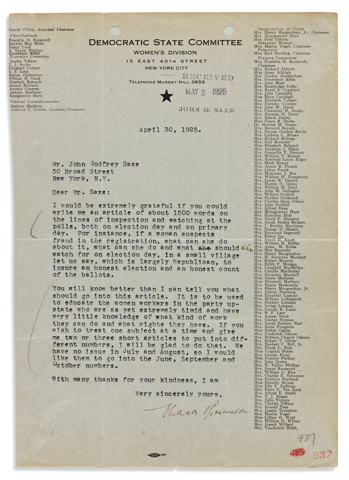 ROOSEVELT ELEANOR Group of 3 Typed Letters Signed to attorne